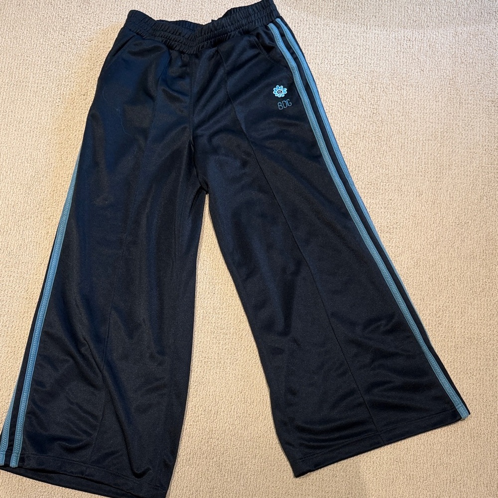 Women’s  Black wide-legged track pants with teal Blue Stripes